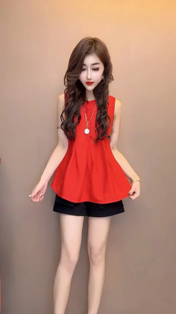 夏季时尚减龄无袖圆领百搭女装常规衬衫