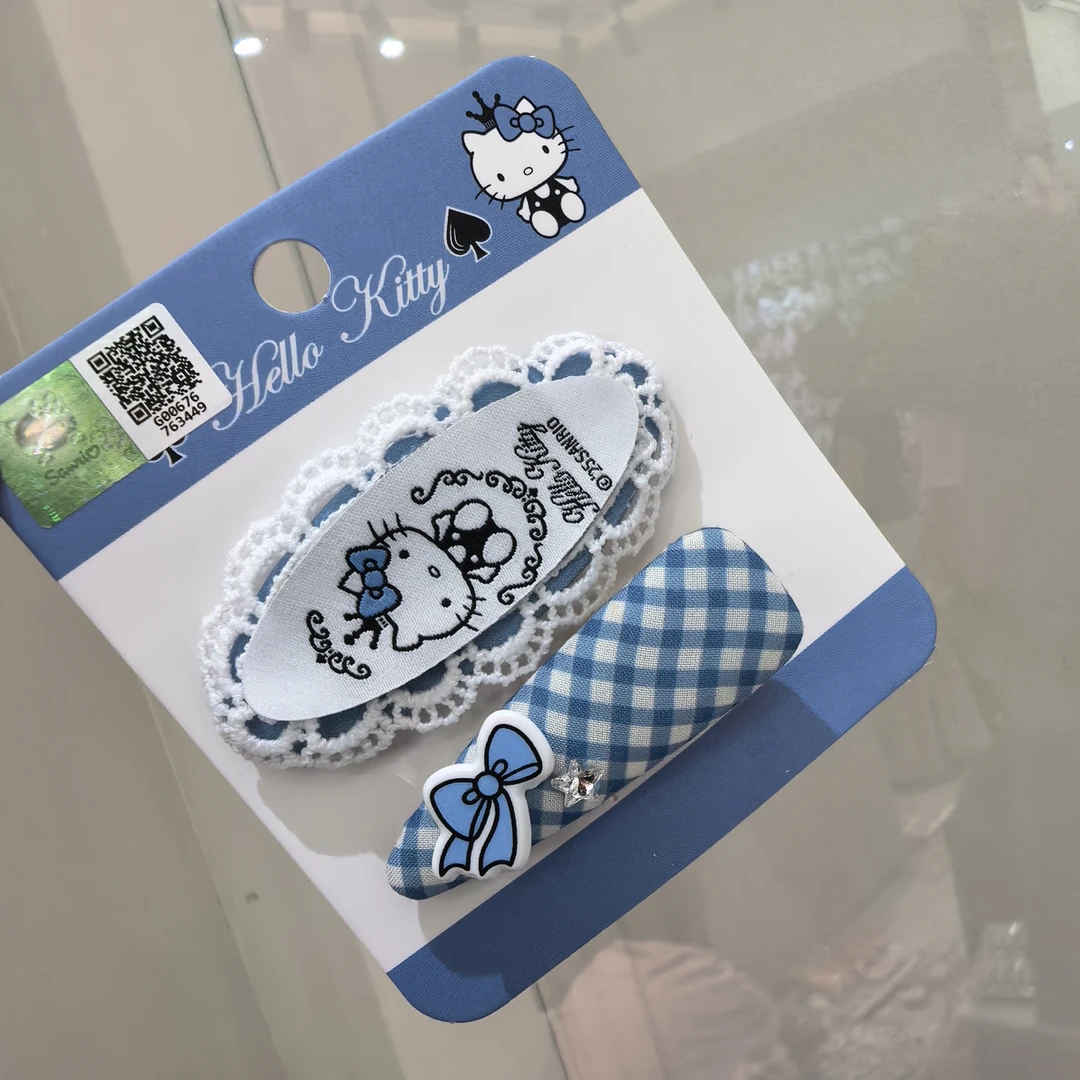 A894蓝色格子蝴蝶结蕾丝KT猫咪掰掰夹边夹一对