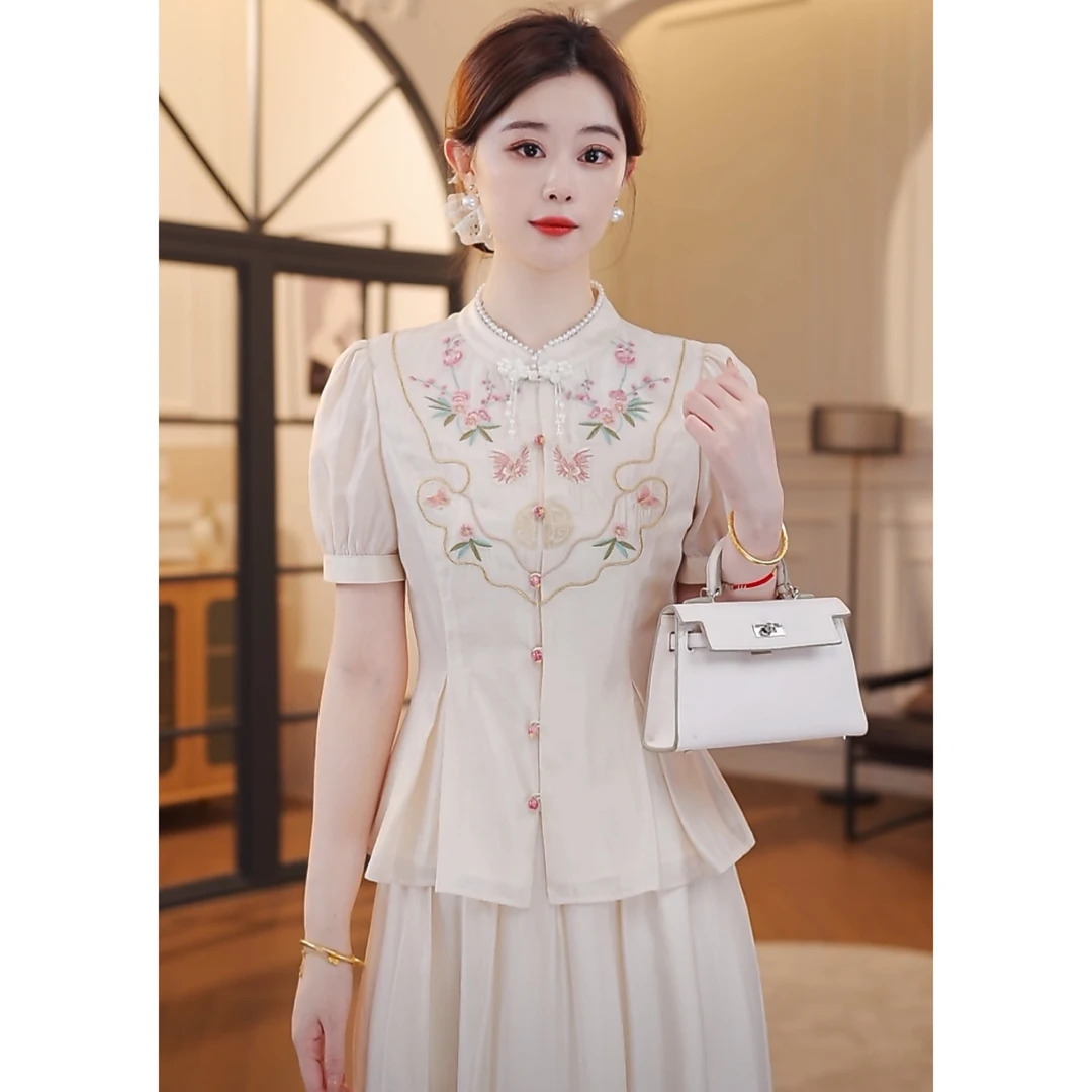 【嘉嘉JIANG】粉黛浅浅 新中式优雅彩秀收腰衬衫套装 XJ252A3108