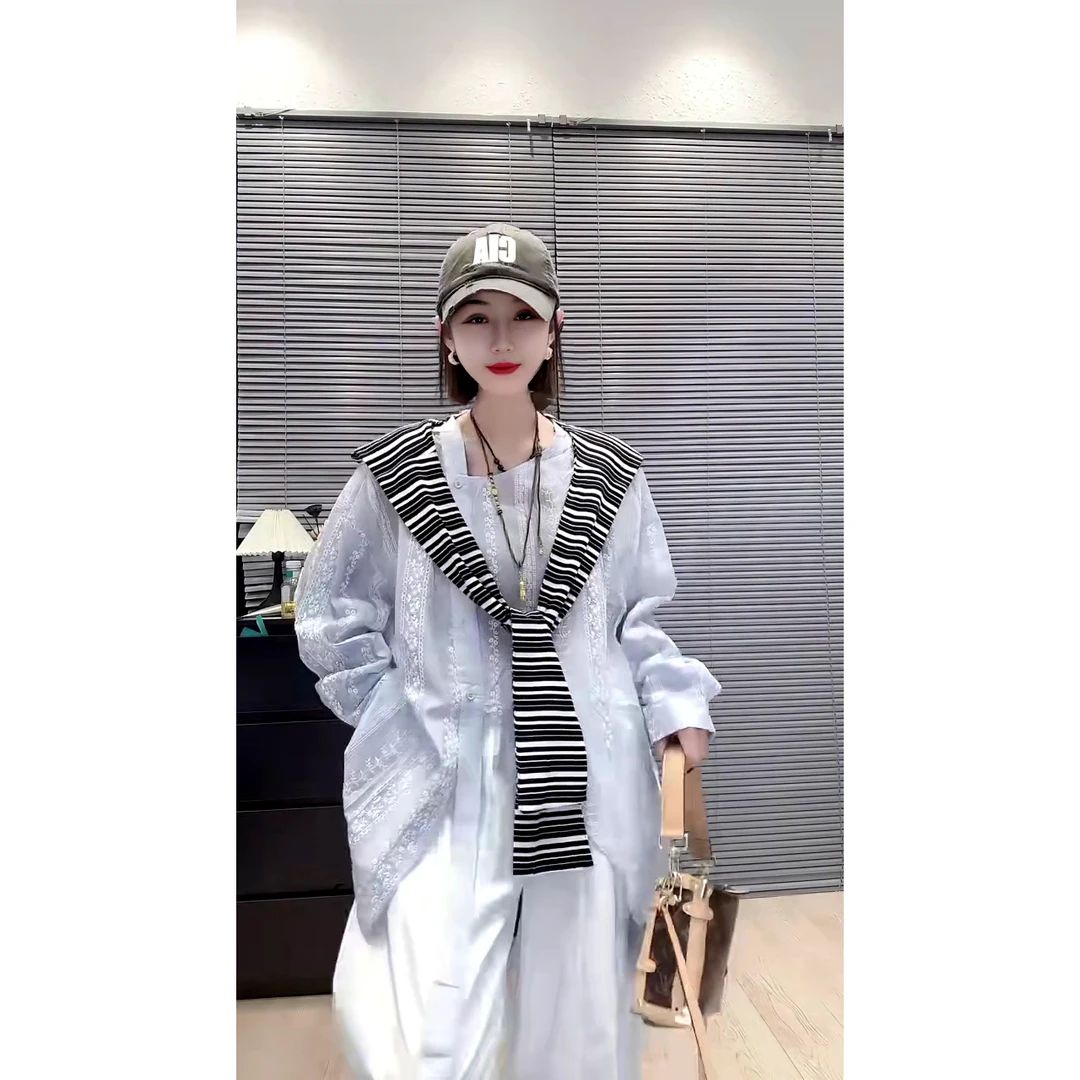 法式温柔风不规则单排扣蕾丝提花雪纺衫宽松显瘦长袖上衣