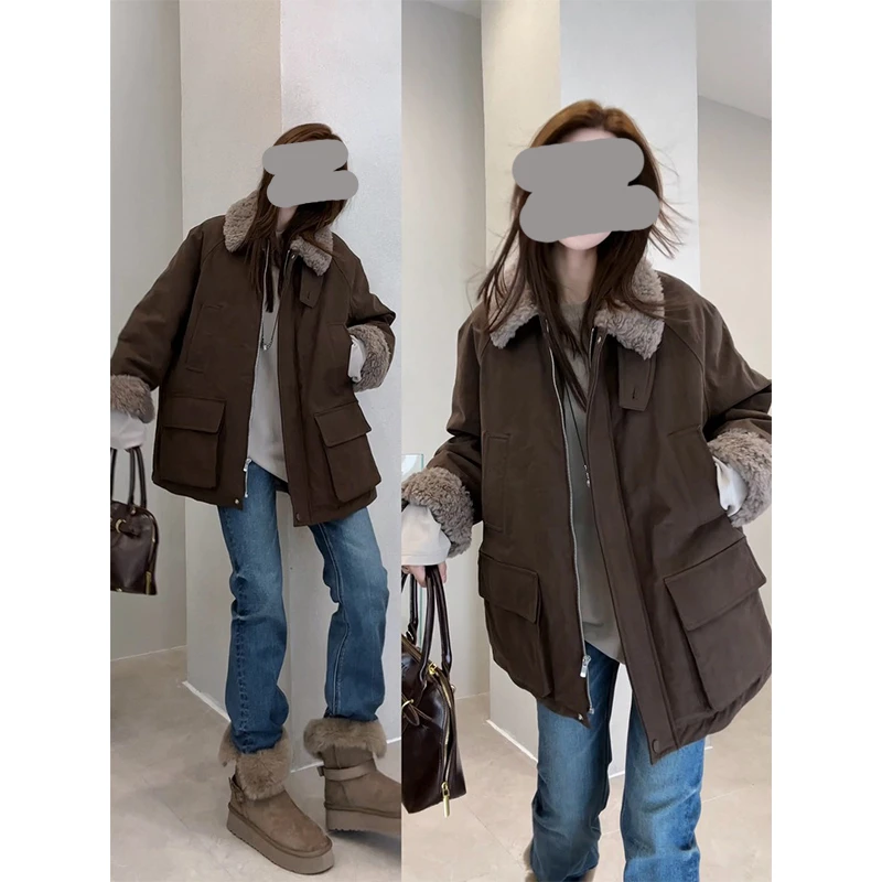 香朵儿【羊羔毛领派克服】美式复古翻领棉服外套女秋冬新款保暖棉衣