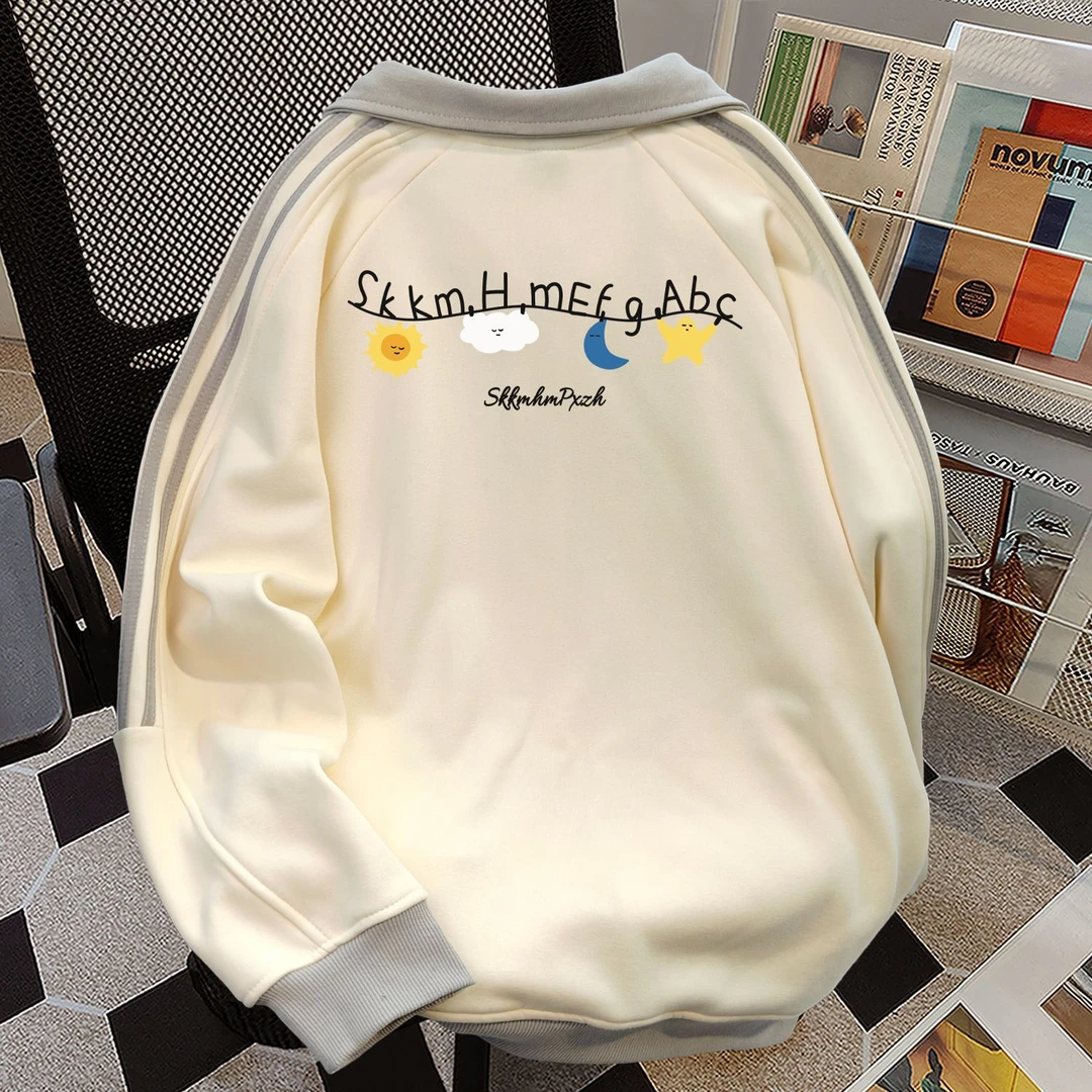 美式潮流三条杠加绒翻领拼接卫衣韩版学院男女秋冬季宽松显瘦外套