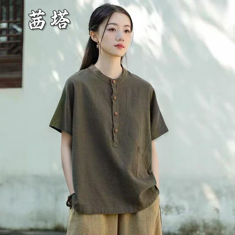 2025年佛系禅意女装素衣禅服上衣夏季新中式盘扣纯色茶服短袖T恤
