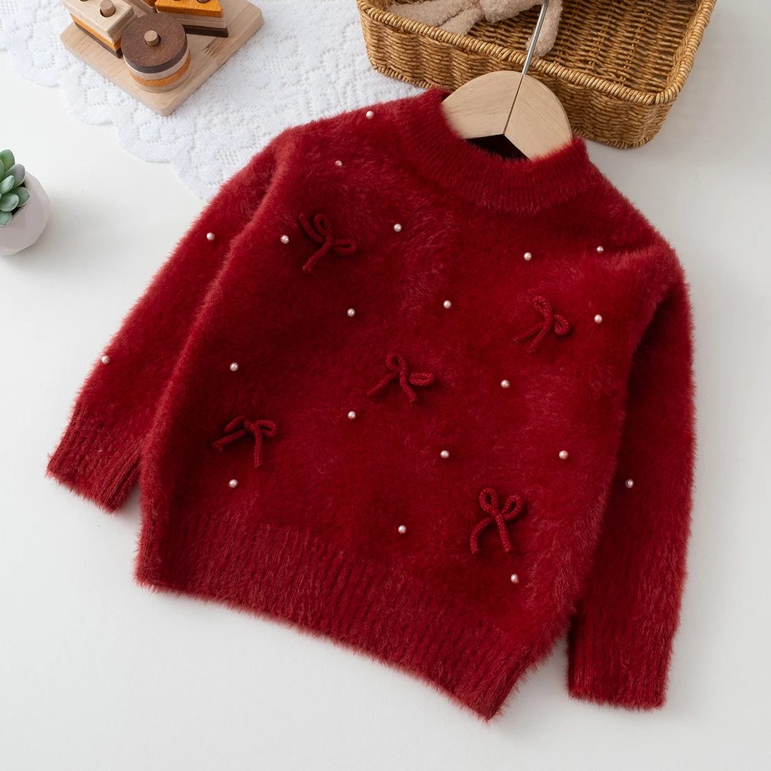 钉珠蝴蝶结圆领加厚宝宝洋气冬季针织女童儿童毛衣女孩韩版