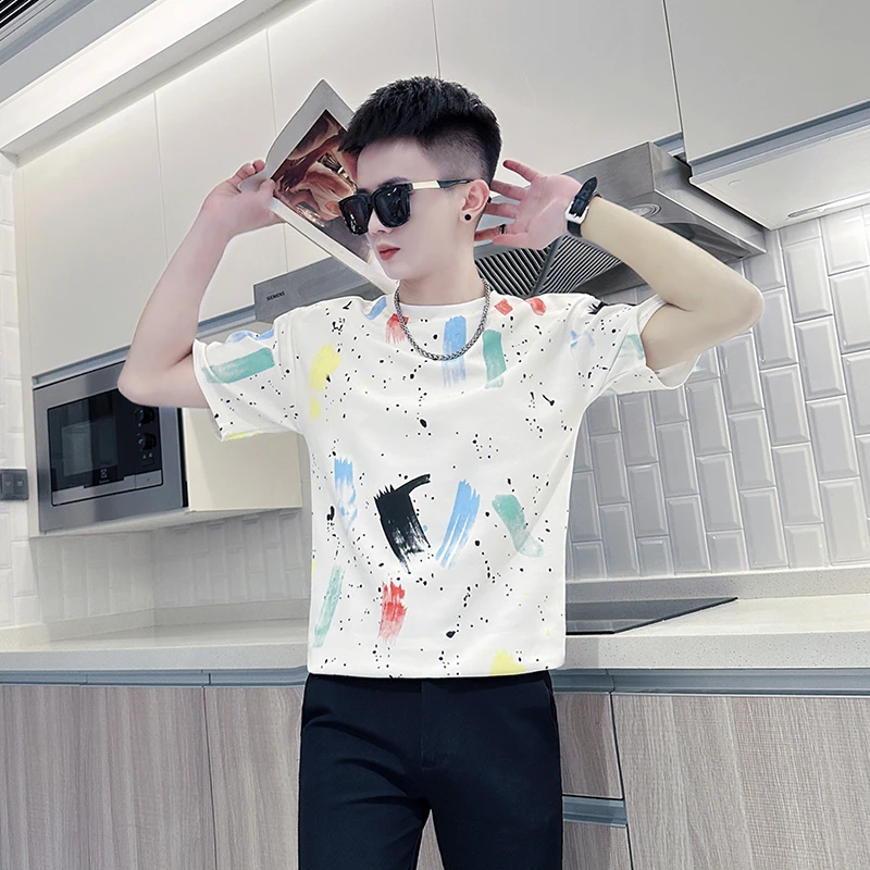 涂鸦印花t恤男士短袖夏季2025新款网红洋气炸街男装休闲半袖上衣