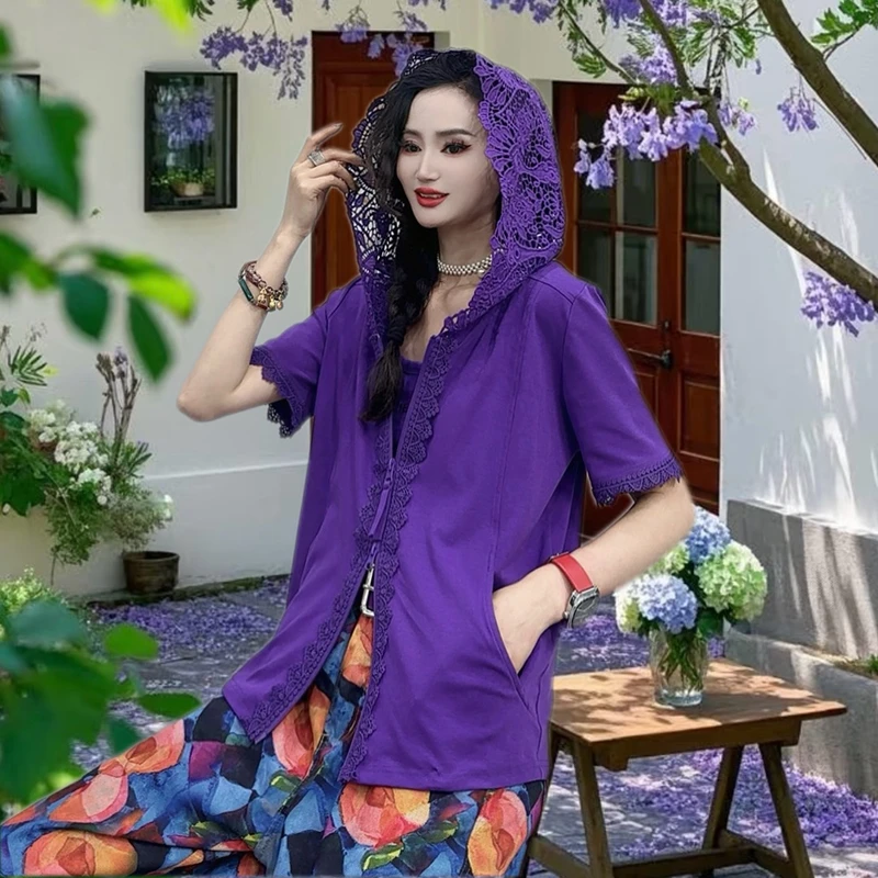 夏季休闲蕾丝连帽衫T恤女2025新款宽松休闲时尚通勤女装上衣-9569