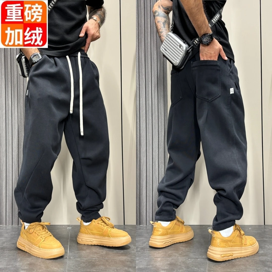 2025秋冬新款美式高街休闲裤男士大码宽松运动卫裤痞帅直筒弯刀裤