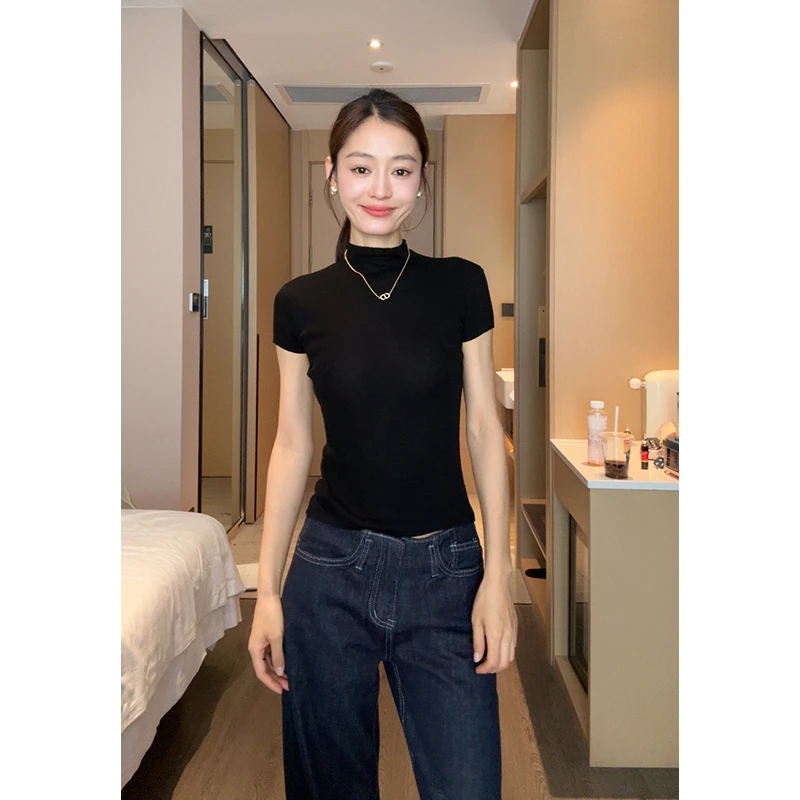 【部分现】半高领小飞袖针织衫2025夏新款修身显瘦T恤上衣女M1103