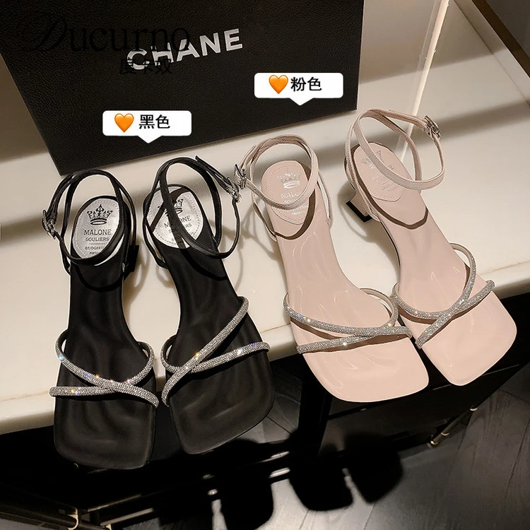 DUCURNO水钻一字带方头露趾凉鞋女2025新款粗跟气质高跟鞋仙女鞋