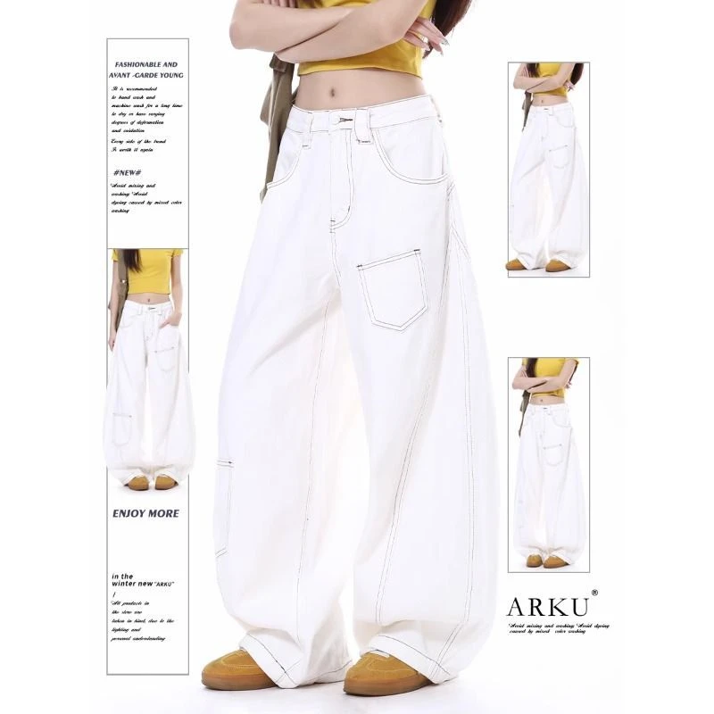 KULINGZHU美式明线多口袋弯刀牛仔裤男女春夏复古宽松显瘦阔腿裤