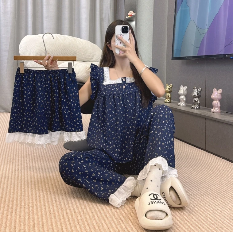 睡衣女夏季新款吊带薄款碎花休闲韩版宽松家居服套装-396（LJ）