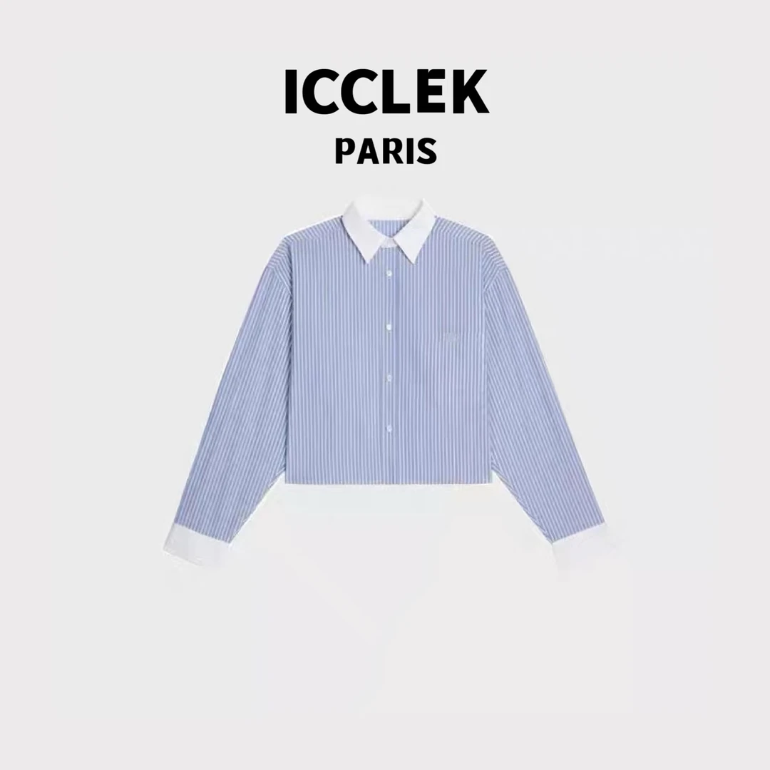 ICCLEK 蓝白竖条纹衬衣 百褶 设计感 洋气 气质 -2713