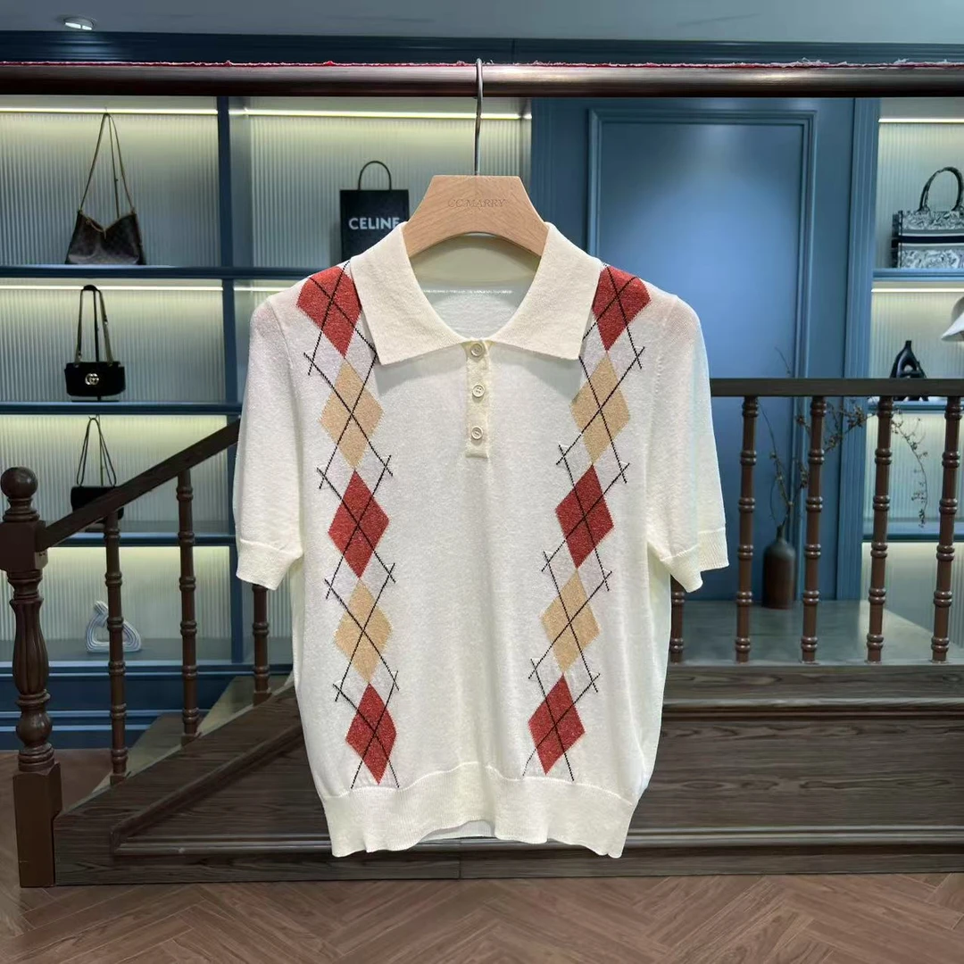 KK&MERRY洋气减龄撞色菱格polo衫显瘦短袖针织衫KDKW0828