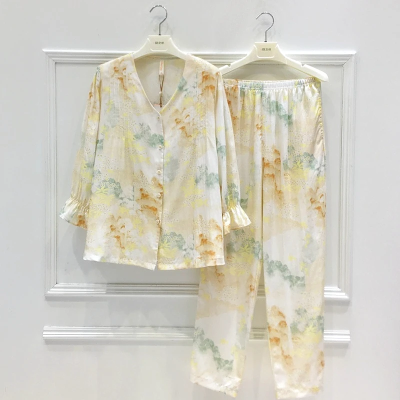 美梦高级感睡衣女春夏季2025年新款休闲V领水墨画家居服
