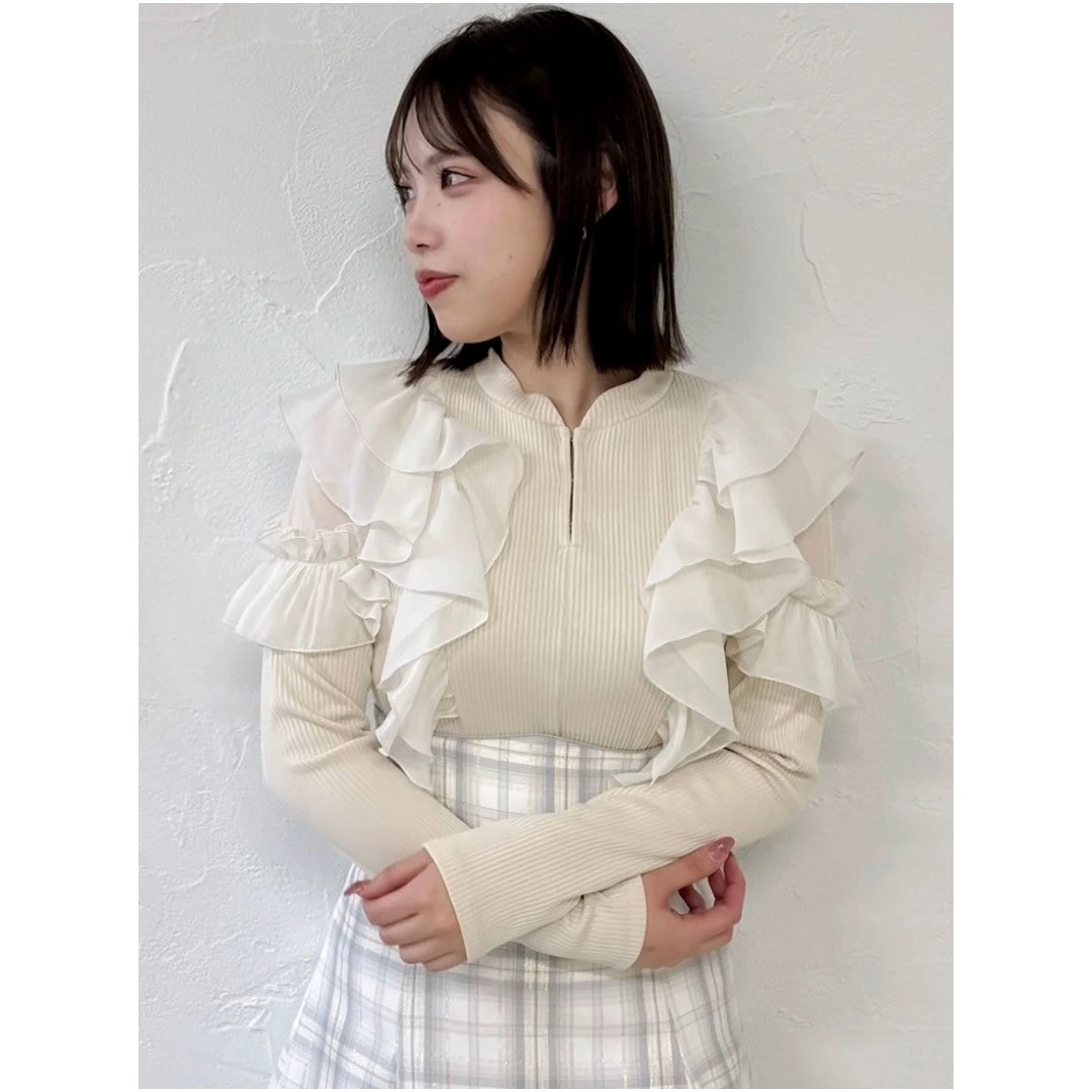 【DD外贸】春季新款 D 百搭荷叶边修身上衣气质甜美长袖针织衫