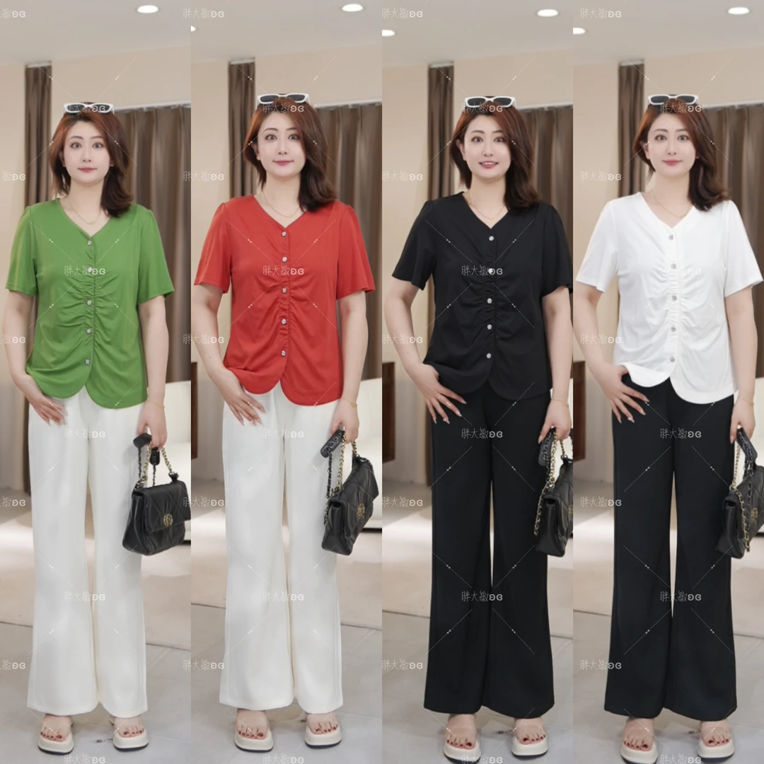 现货仅上衣【悦林大码】PMM81819夏季v领褶皱开叉上衣气质显瘦短袖