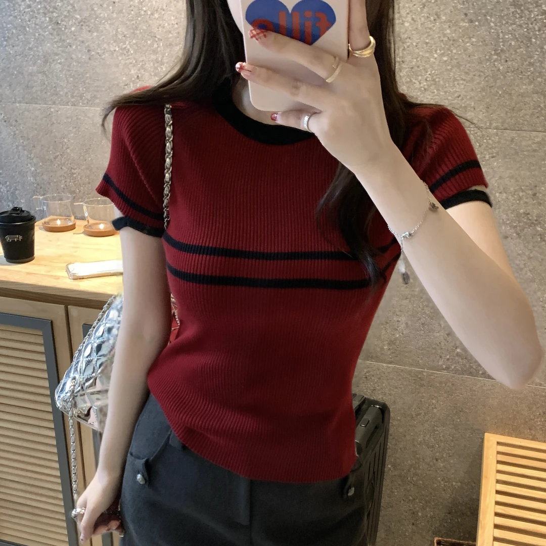 法式红色条纹短袖针织上衣女夏季紧身修身小飞袖短款冰丝正肩t恤