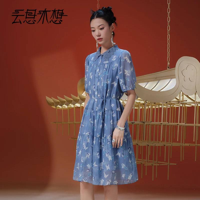 Ysimo-X云思木想 兰衣云蝶 印花蕾丝花边领腰侧系带连衣裙13305