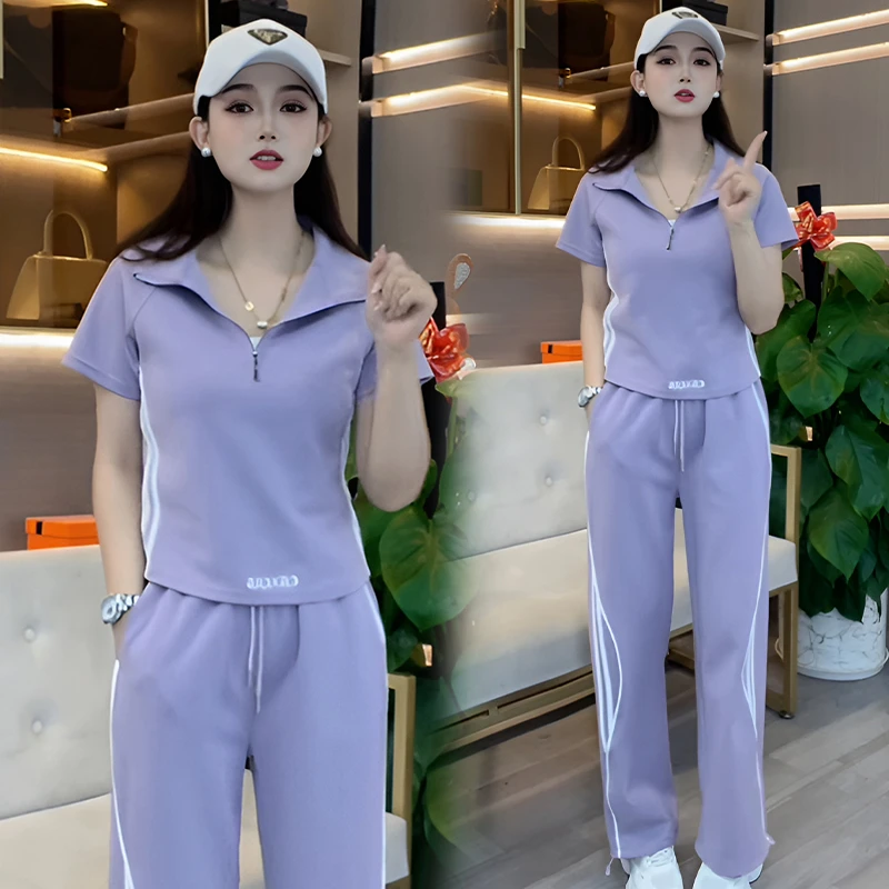 小个子休闲运动服套装女2025年夏季新款立领短袖上衣阔腿裤两件套