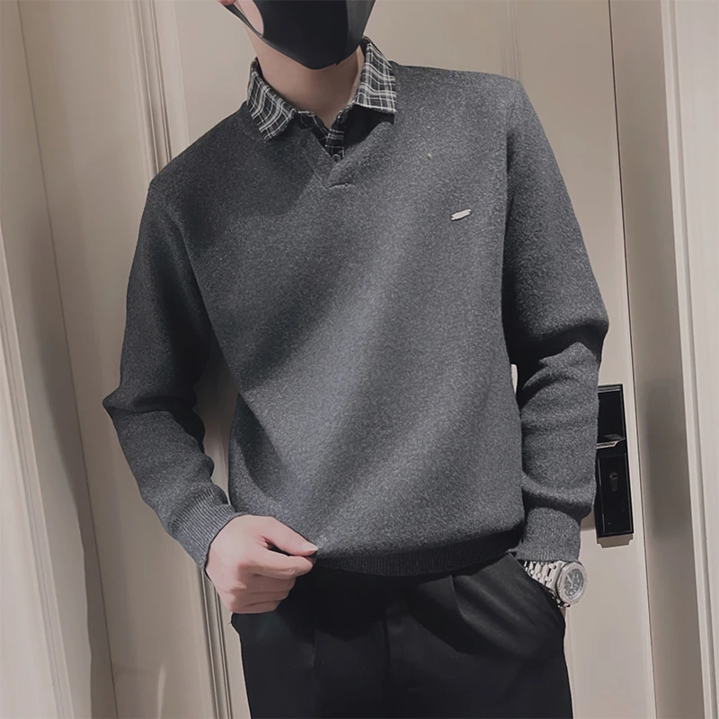 秋冬季男士保暖男搭假两件针织衫青年翻领打底衫上衣休闲百搭线衣
