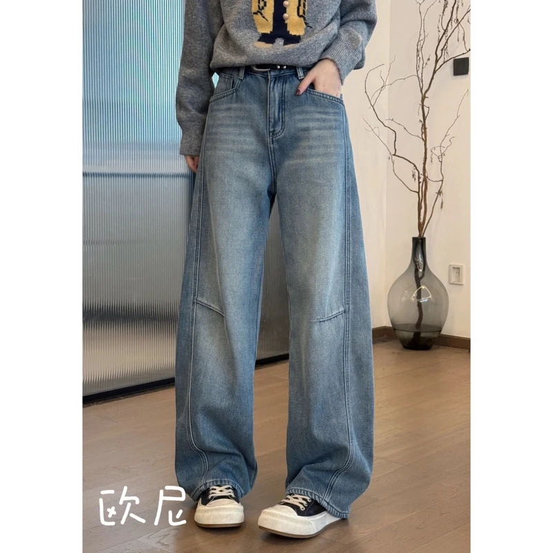 小众设计款2024年新款极简裁剪线设计款加绒弯刀牛仔裤百搭复古