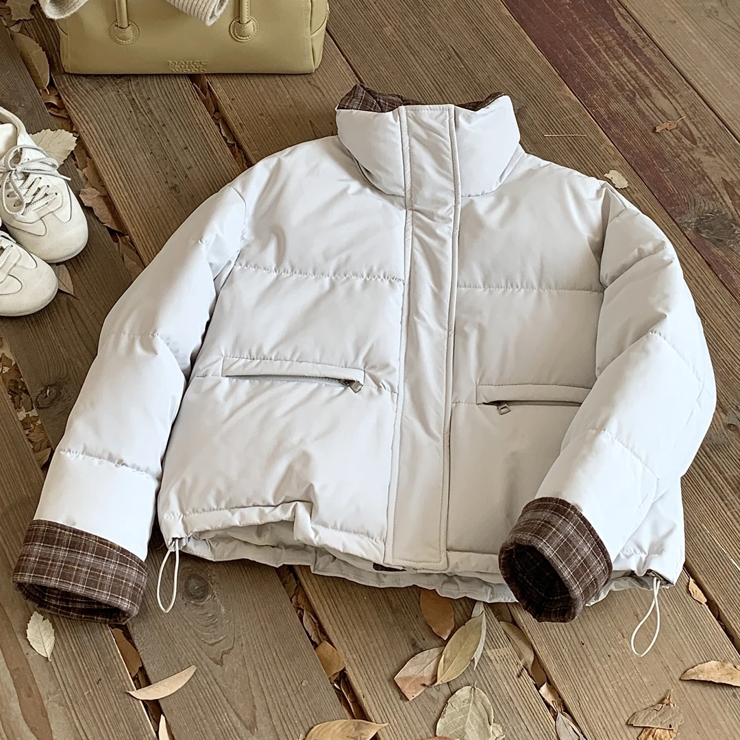 韩版立领呢料格子拼接小棉袄宽松洋气减龄收腰显比例女装外套