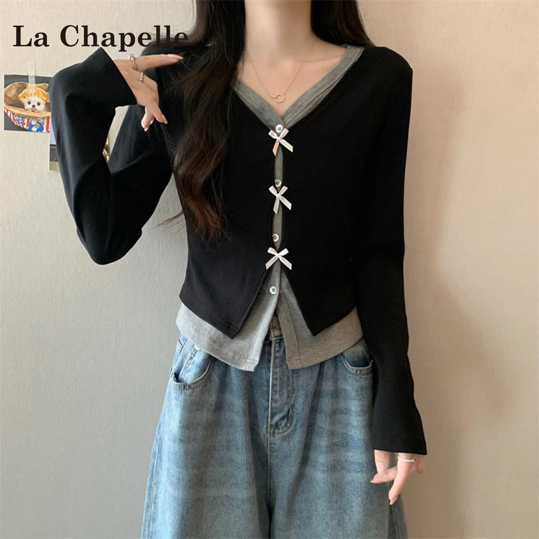 拉夏贝尔设计感蝴蝶结针织衫2025早秋季新款黑色假两件长袖上衣