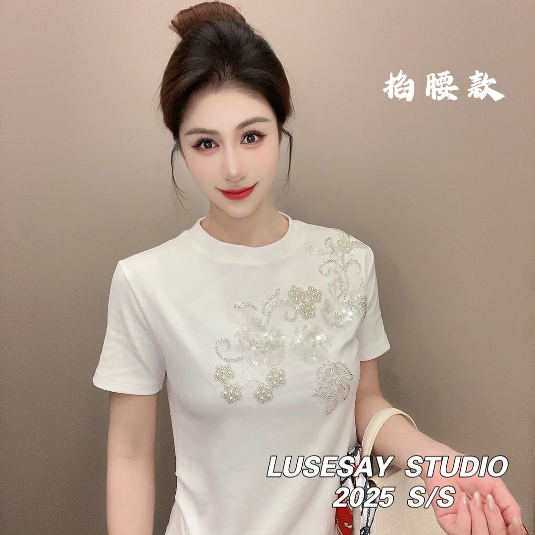 LUSESAY 重工钉珠亮片花刺绣夏季2025新款 短袖t恤女百搭休闲上衣