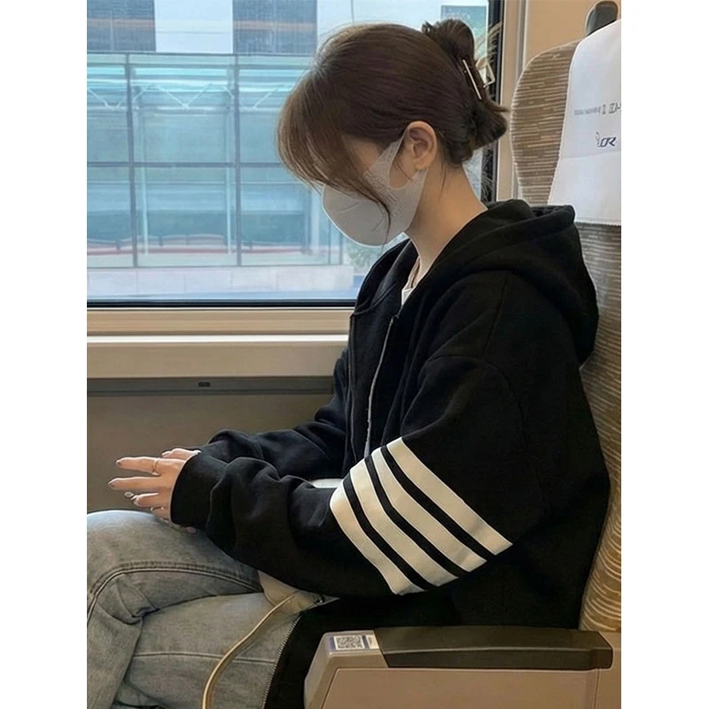 韩版通勤胖mm大码条杠连帽拉链卫衣秋冬外套显瘦宽松百搭基础款