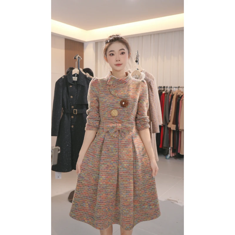 M0009 新中式修身显瘦加厚立领连衣裙25年新款减龄长袖裙子冬季女