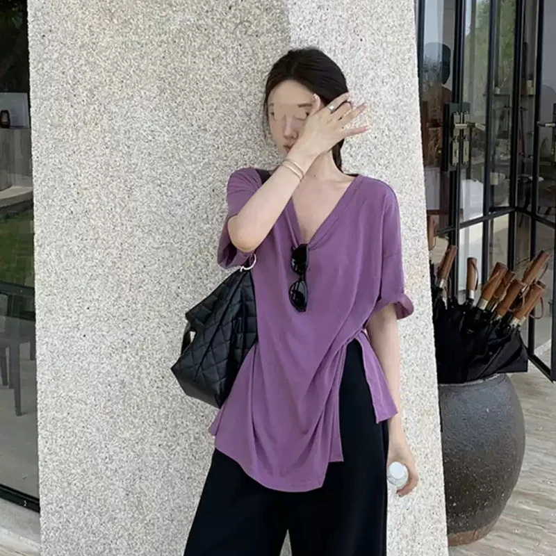韩版宽松V领短袖开叉T恤洋气女2025夏季新款显瘦气质百搭松弛上衣