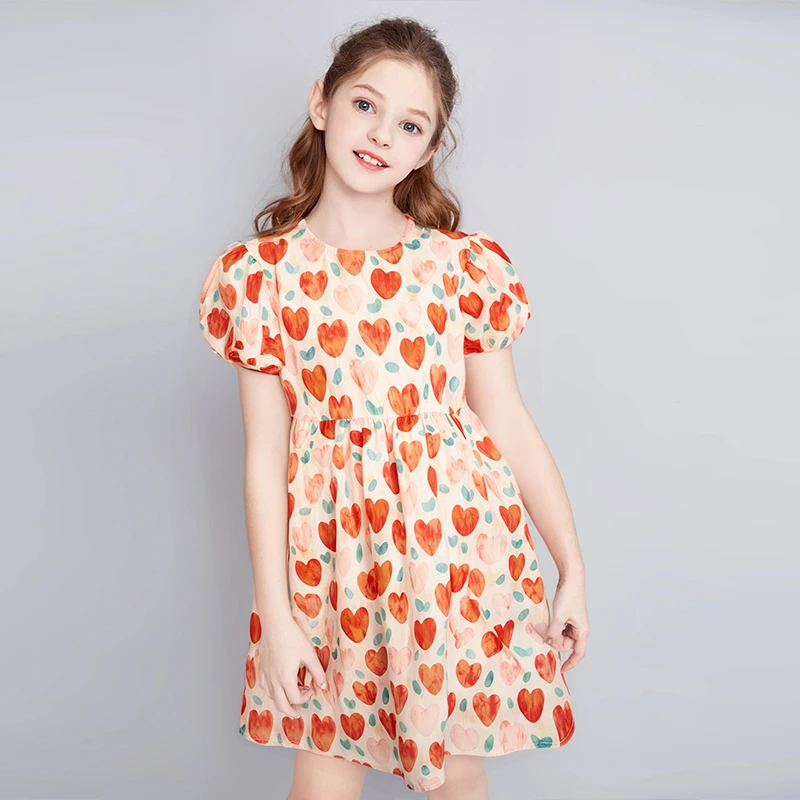 DEESHA/笛莎连衣裙女童2024年夏季新款儿童爱心印花棉布碎花裙子