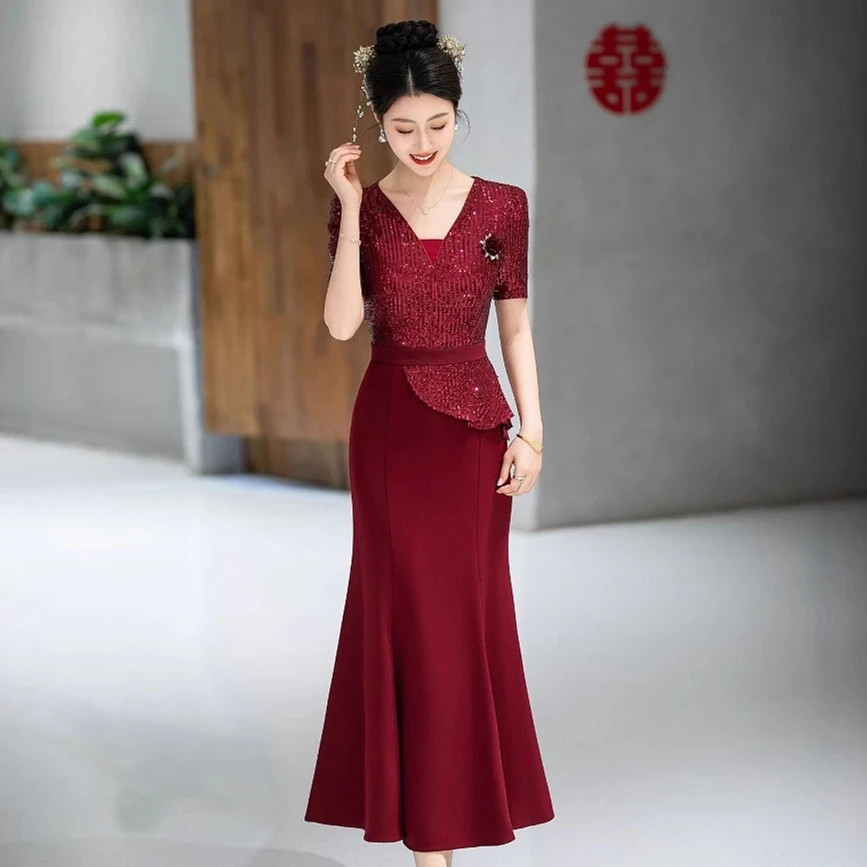 高雅轻熟名媛气质妈妈婚宴礼服红色喜婆婆装高端亮片鱼尾旗袍裙