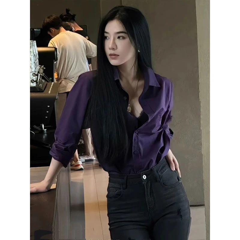 小马刺绣秋季长袖薄款宽松休闲设计时尚纯色白色衬衣上衣衬衫