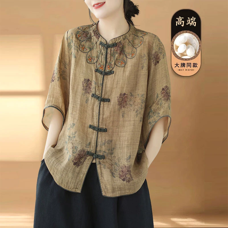 夏季新款中国风刺绣衬衫薄款复古盘扣宽松开衫衬衣漂亮宽松上衣女