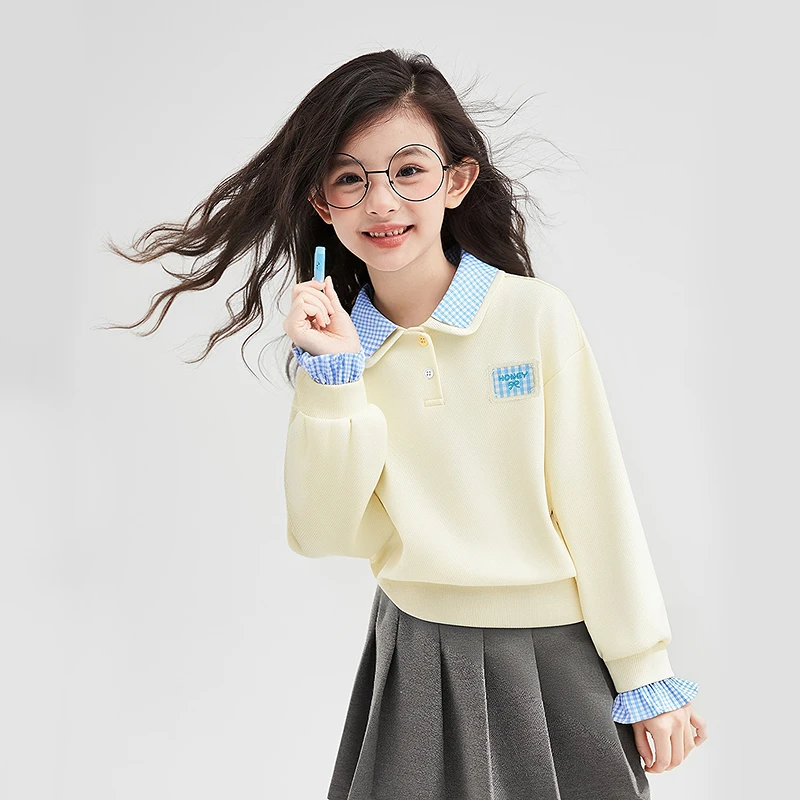 DEESHA/笛莎女童春秋新款中童女孩儿童假两件格子卫衣-832532402