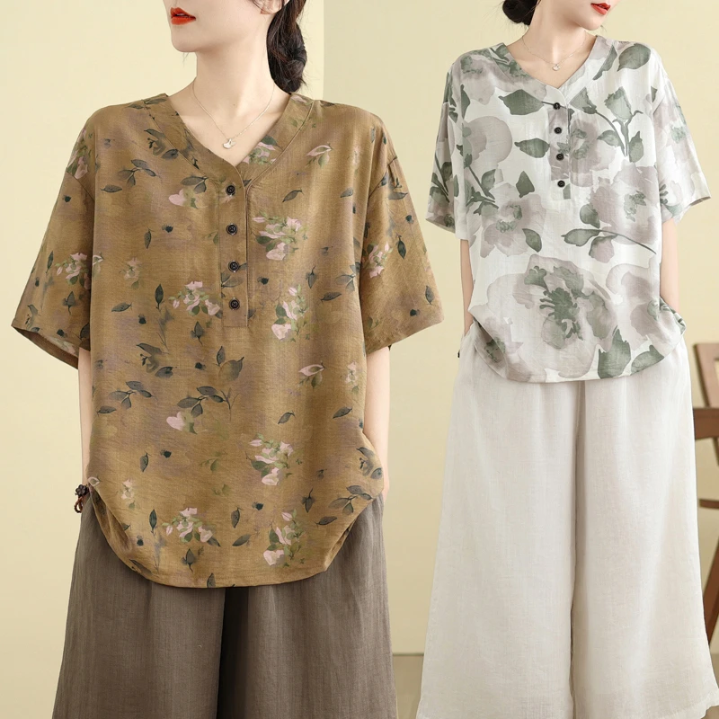 V领衬衫中老年妈妈装多扣夏季女装复古休闲印花冰丝亚麻大码短袖