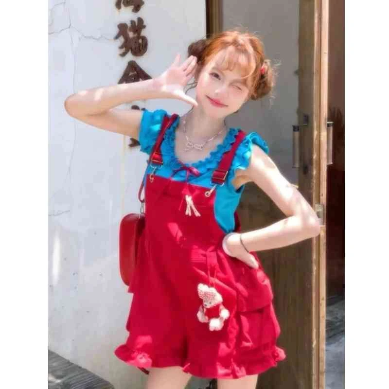 多巴胺穿搭夏季新款巨好看可爱小飞袖上衣夏季多巴胺辣妹红色套装