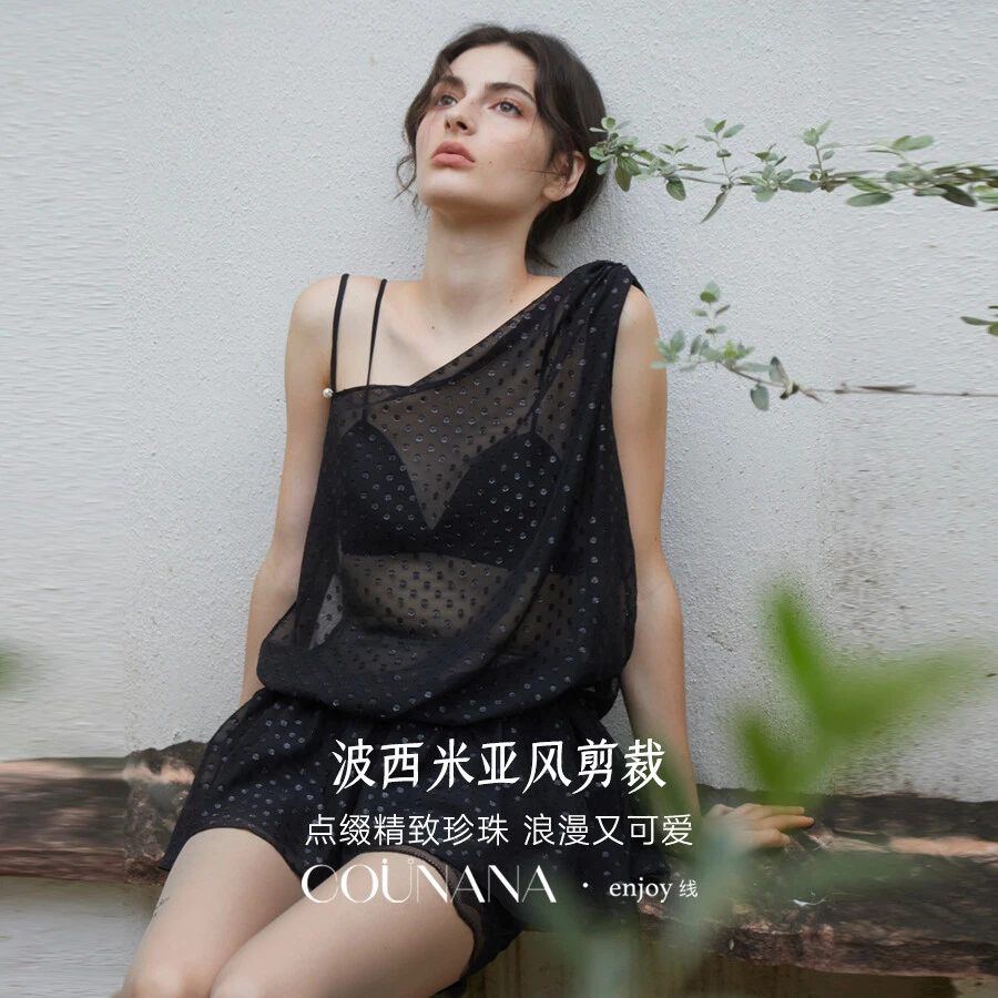 COUNANA法式性感睡衣2025新款纯欲风波点吊带睡裙半透薄纱连衣裙