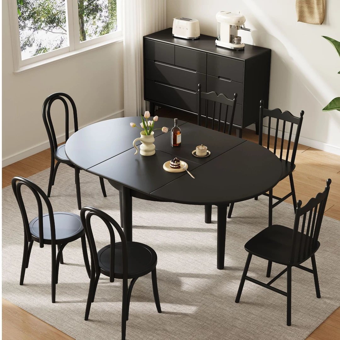 美式实木餐桌家用古风小户型餐桌椅黑色复古伸缩圆形圆桌饭桌法式