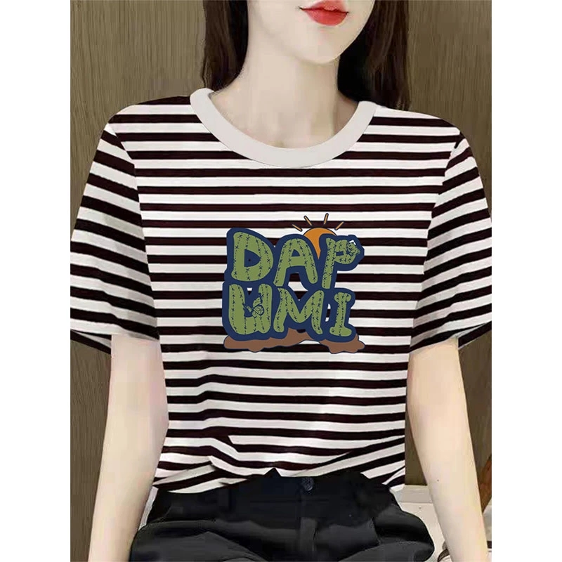 2025夏季常规条纹正肩圆领短袖t恤女经典百搭时尚休闲上衣打底衫