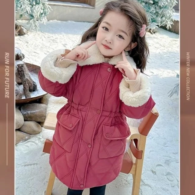 2025女童新年棉衣洋气中长款外套韩版时尚小女孩加厚棉服冬装女宝