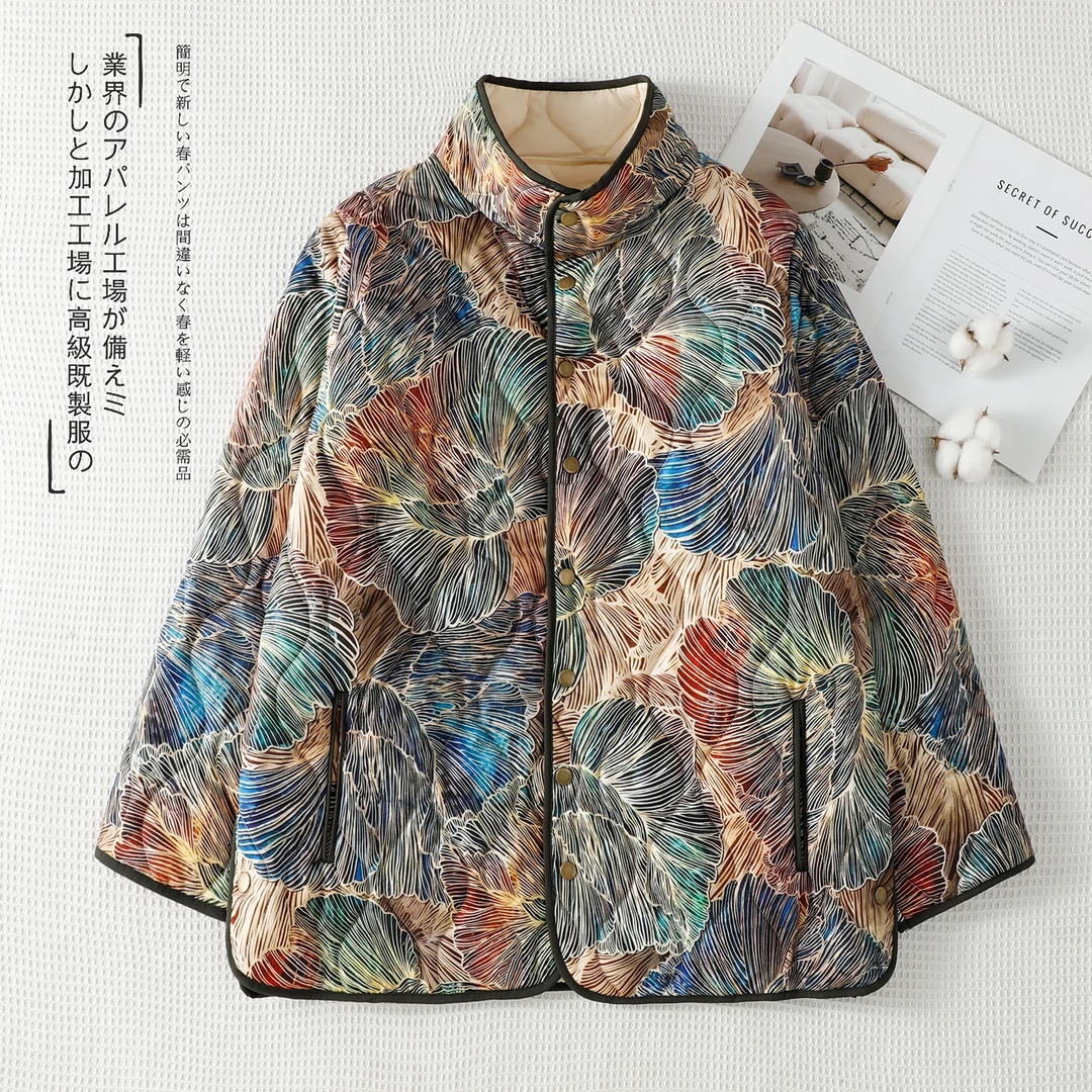时尚高级感加厚保暖花色长袖夹棉棉衣外套复古下摆开叉印花棉服女