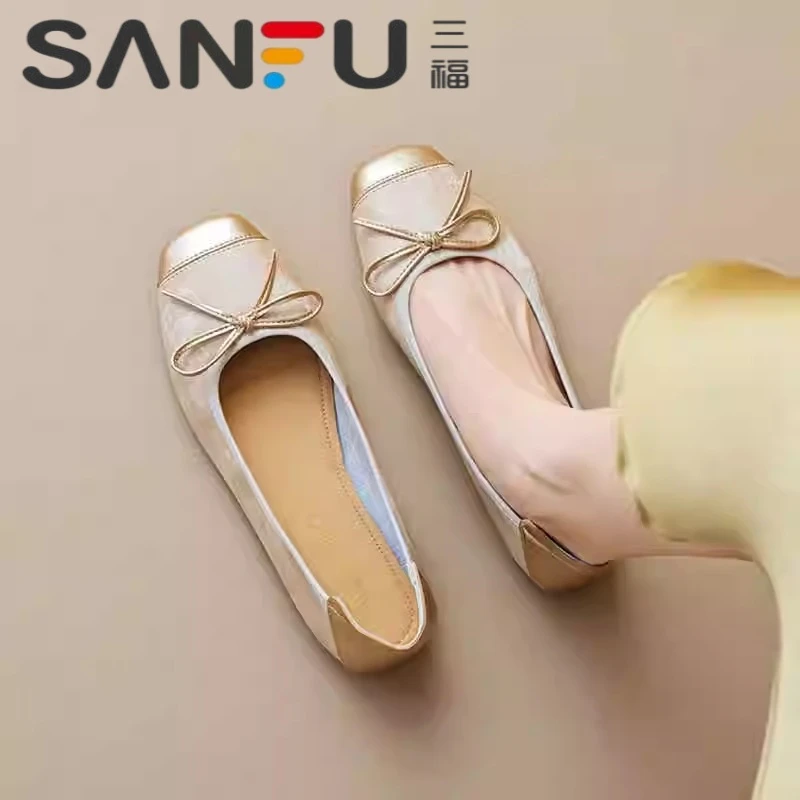 三福法式单鞋女2025新款夏季软底蝴蝶结平底芭蕾舞鞋国风豆豆鞋