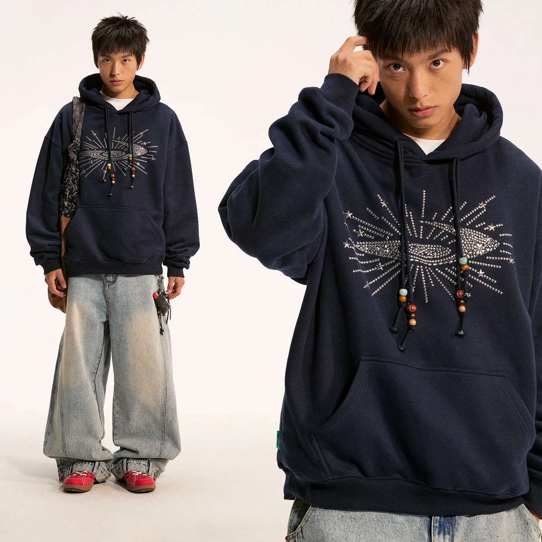 江南先生NewJNXS"流浪者之歌"双抽绳撞色串珠烫钻连帽宽松卫衣秋