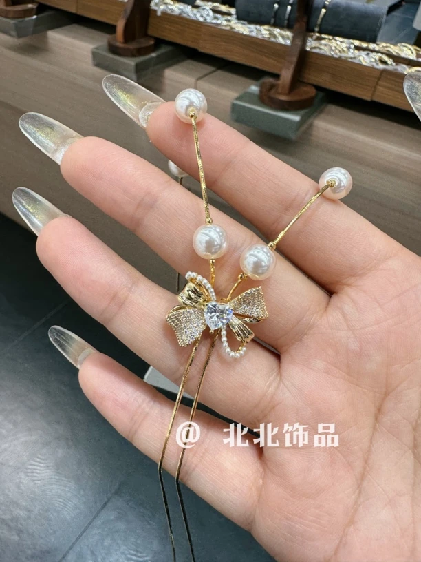 铜合金仿珍珠项链 【可可自留款】爆款蝴蝶结满天星仿珍珠抽拉项链
