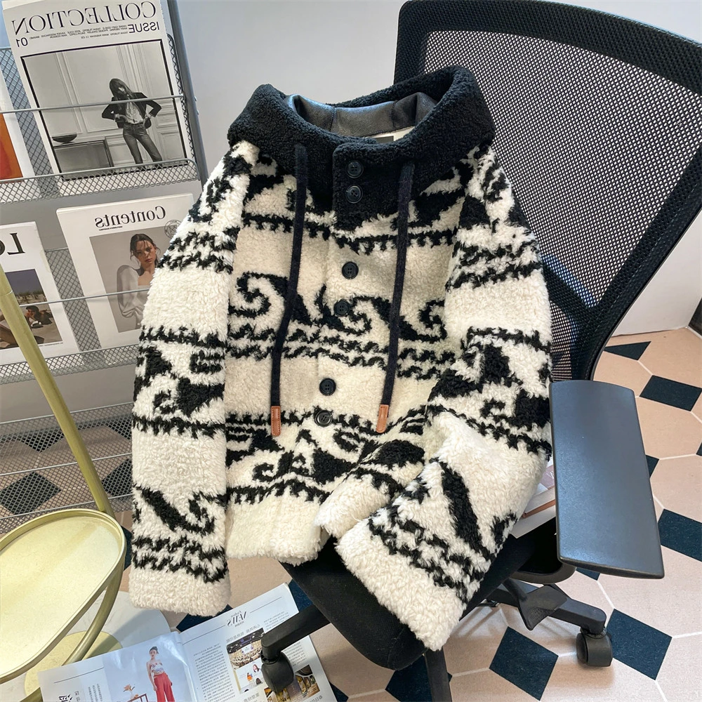 韩系复古羊羔毛绒撞色连帽外套男女秋冬季高级感温柔加厚棉服上衣