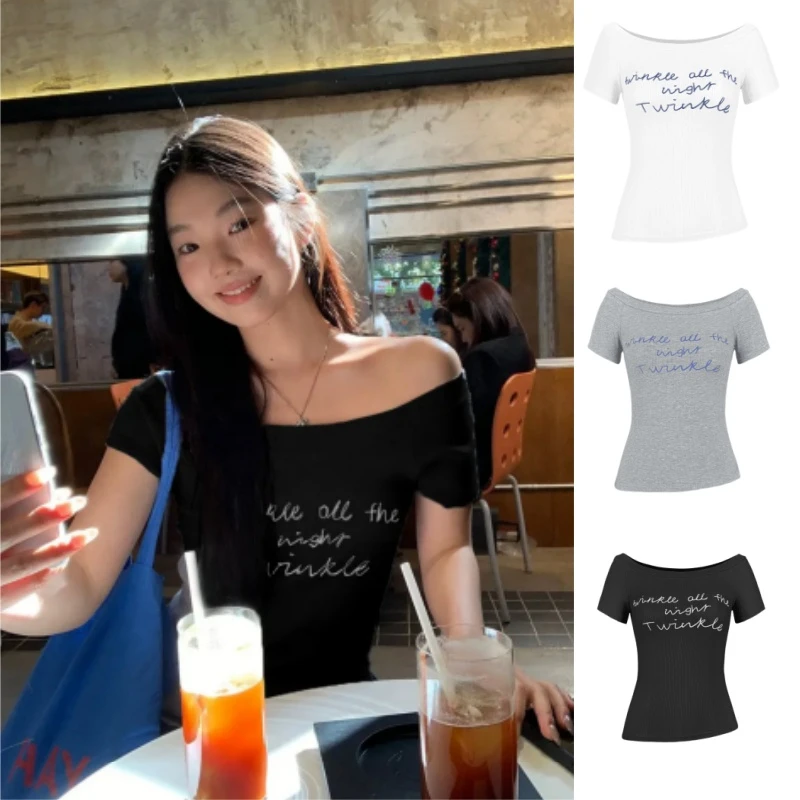 辣妹风设计感露肩短袖T恤女2025春季新款复古修身斜肩短款上衣潮