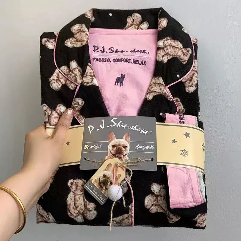 可爱炸了！出口美国PJS纯棉磨毛加厚保暖春秋家居服套装