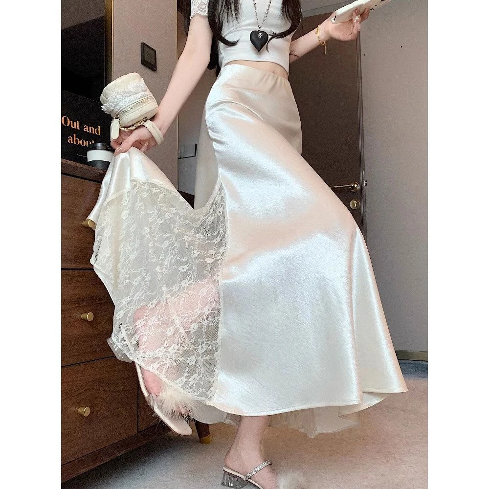 【现货】缎面鱼尾裙半身裙女夏季新款高腰修身包臀蕾丝拼接长裙